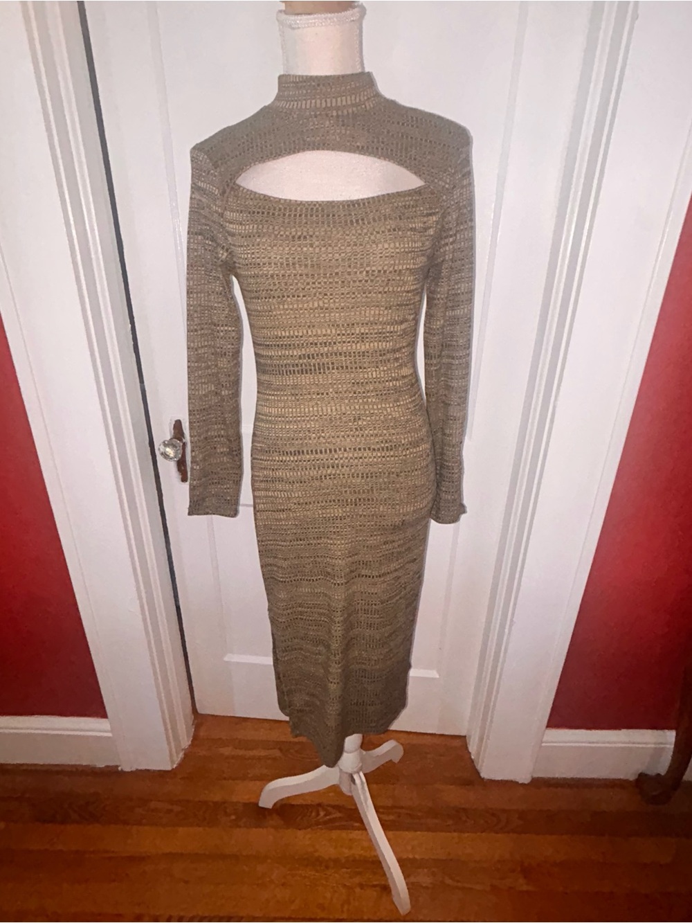 Bodycon Cutout Knit Midi Dress brown & goldish colors size Sm Jessica Simpson